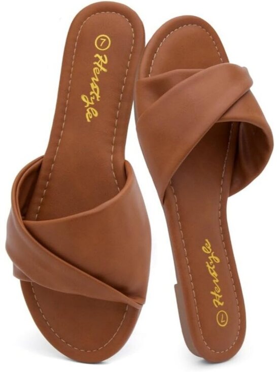 Shoes - Women's Tan Flats Slip On Open Toe Casual Slides Cushioned Footbed Summer Shoes